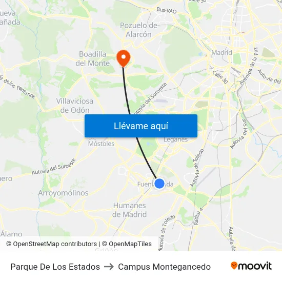 Parque De Los Estados to Campus Montegancedo map