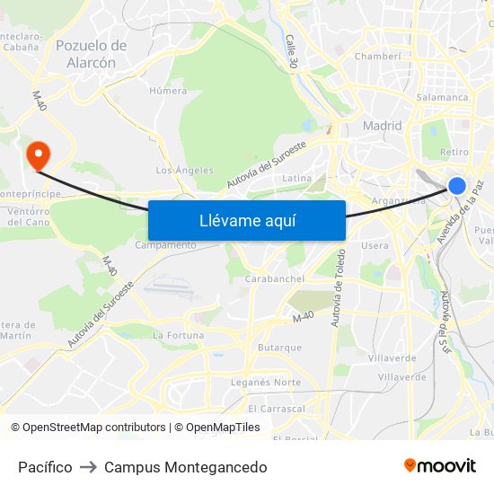 Pacífico to Campus Montegancedo map