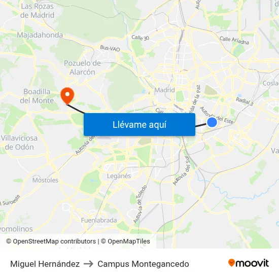 Miguel Hernández to Campus Montegancedo map