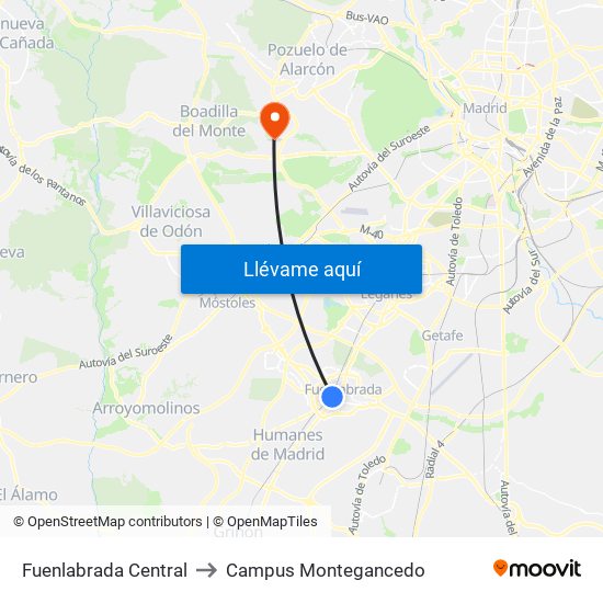 Fuenlabrada Central to Campus Montegancedo map