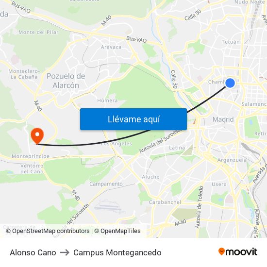 Alonso Cano to Campus Montegancedo map