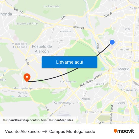 Vicente Aleixandre to Campus Montegancedo map