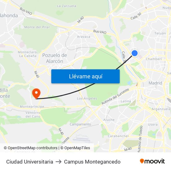 Ciudad Universitaria to Campus Montegancedo map