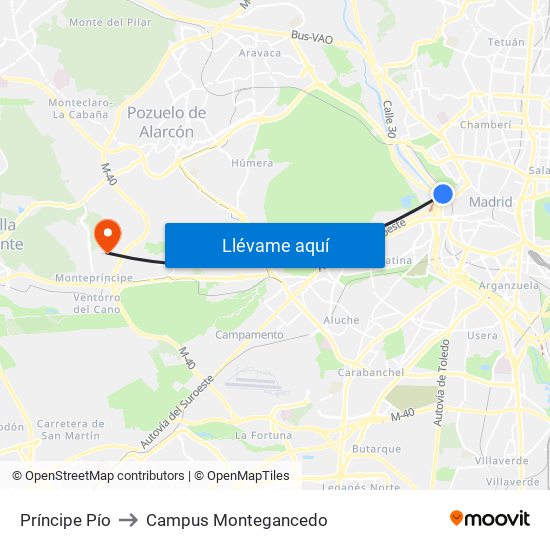 Príncipe Pío to Campus Montegancedo map