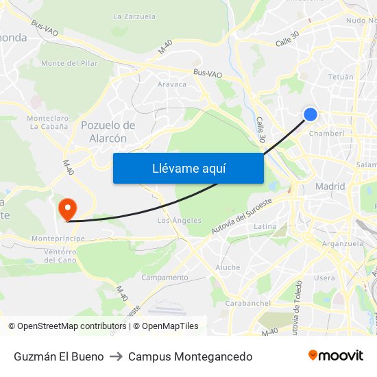 Guzmán El Bueno to Campus Montegancedo map