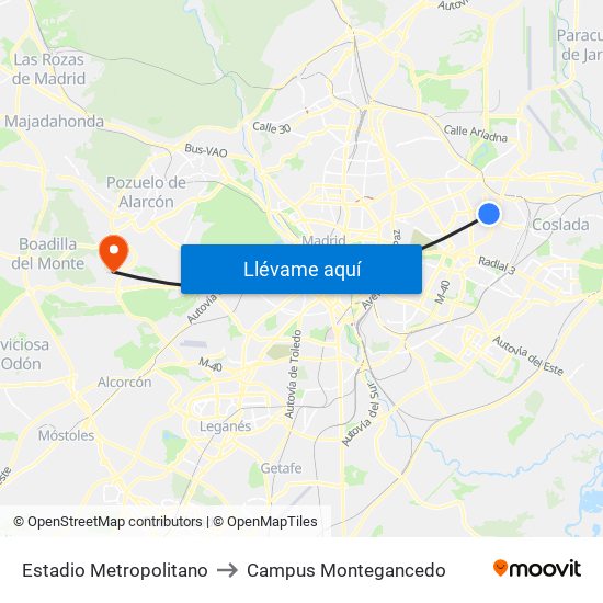 Estadio Metropolitano to Campus Montegancedo map