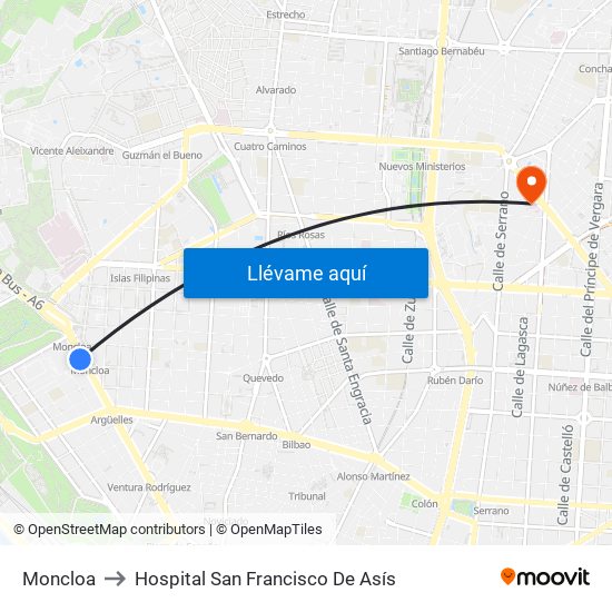 Moncloa to Hospital San Francisco De Asís map