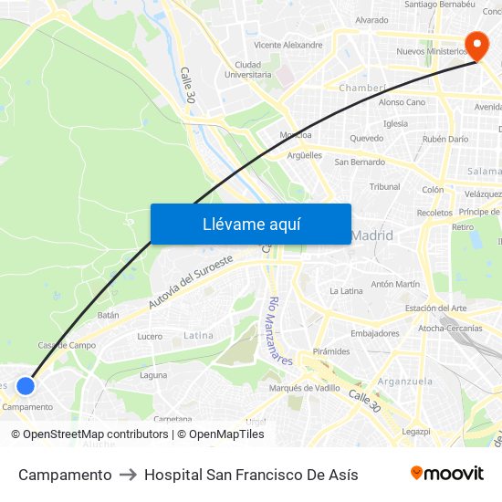 Campamento to Hospital San Francisco De Asís map
