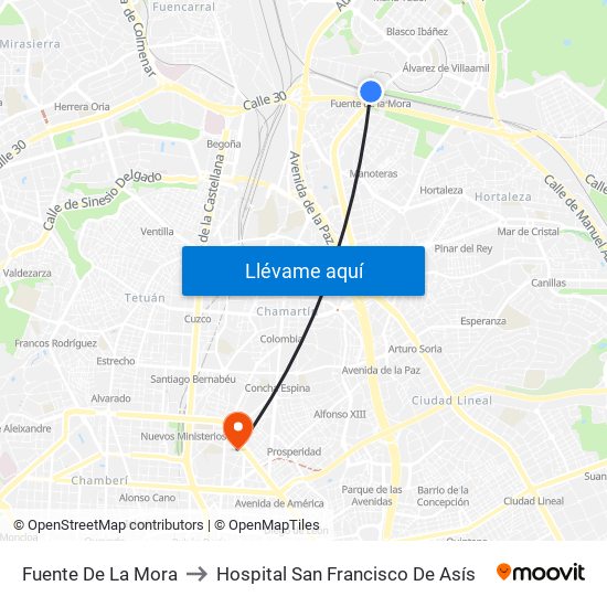 Fuente De La Mora to Hospital San Francisco De Asís map