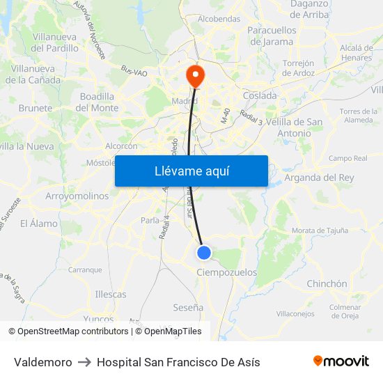 Valdemoro to Hospital San Francisco De Asís map