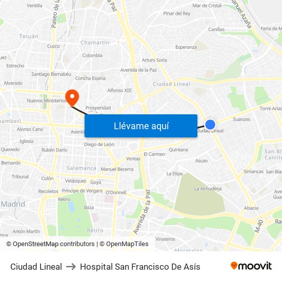 Ciudad Lineal to Hospital San Francisco De Asís map