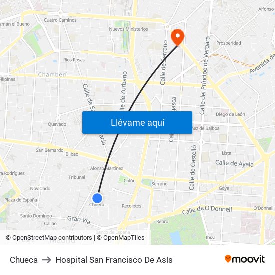 Chueca to Hospital San Francisco De Asís map