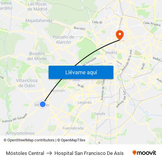 Móstoles Central to Hospital San Francisco De Asís map