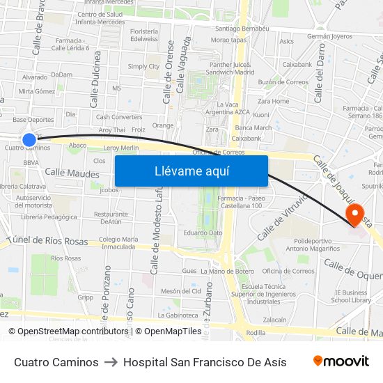 Cuatro Caminos to Hospital San Francisco De Asís map