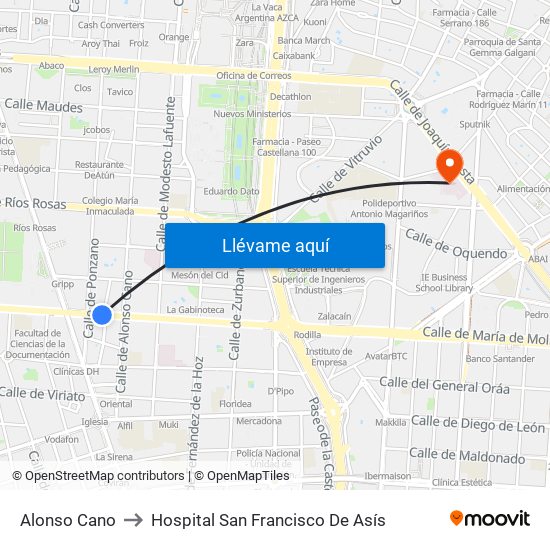 Alonso Cano to Hospital San Francisco De Asís map