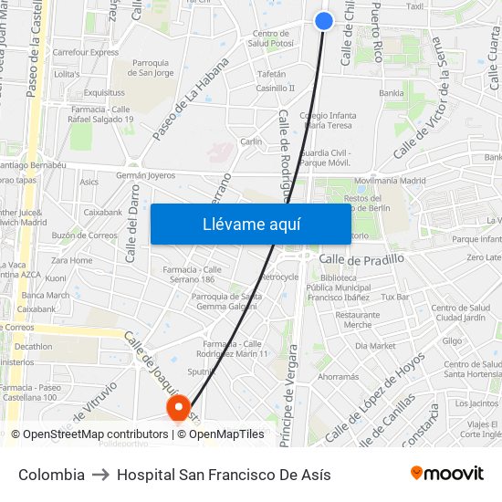 Colombia to Hospital San Francisco De Asís map