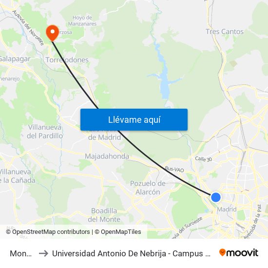 Moncloa to Universidad Antonio De Nebrija - Campus De La Berzosa map