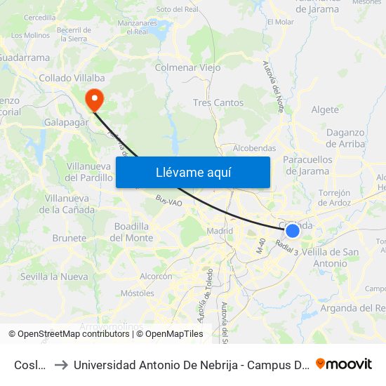 Coslada to Universidad Antonio De Nebrija - Campus De La Berzosa map