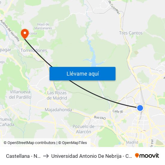 Castellana - Nudo Norte to Universidad Antonio De Nebrija - Campus De La Berzosa map