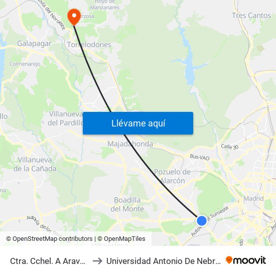 Ctra. Cchel. A Aravaca - Colonia Jardín to Universidad Antonio De Nebrija - Campus De La Berzosa map