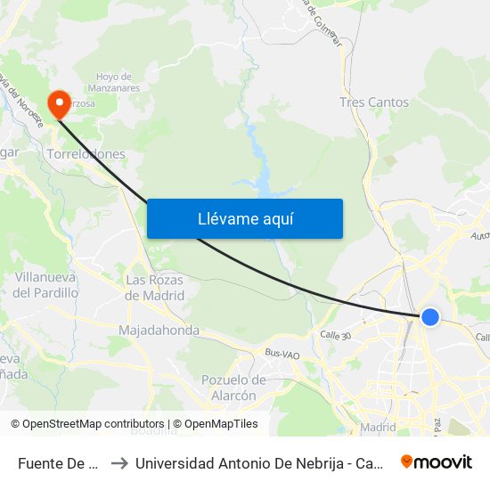 Fuente De La Mora to Universidad Antonio De Nebrija - Campus De La Berzosa map