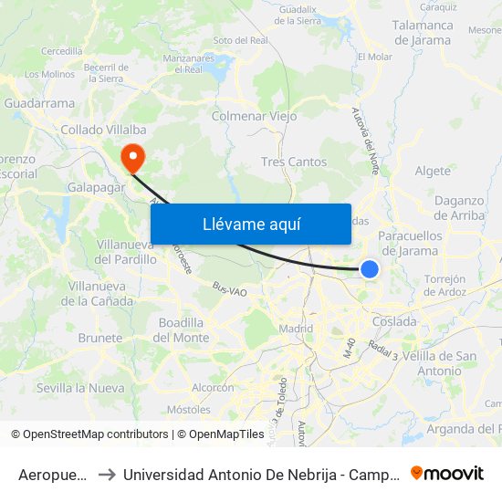 Aeropuerto T4 to Universidad Antonio De Nebrija - Campus De La Berzosa map