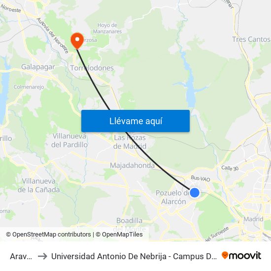 Aravaca to Universidad Antonio De Nebrija - Campus De La Berzosa map