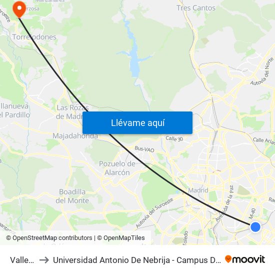 Vallecas to Universidad Antonio De Nebrija - Campus De La Berzosa map