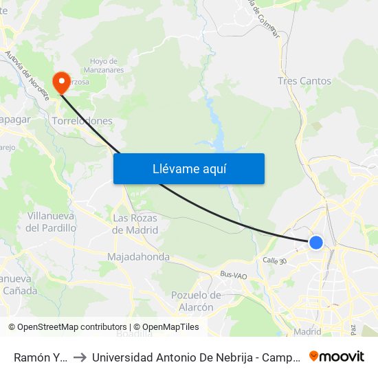 Ramón Y Cajal to Universidad Antonio De Nebrija - Campus De La Berzosa map