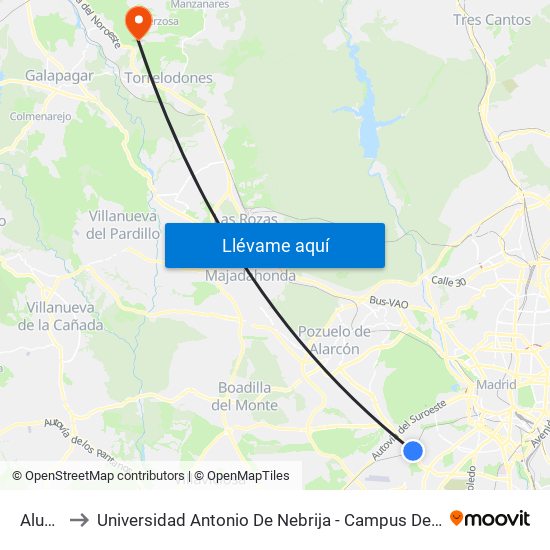 Aluche to Universidad Antonio De Nebrija - Campus De La Berzosa map