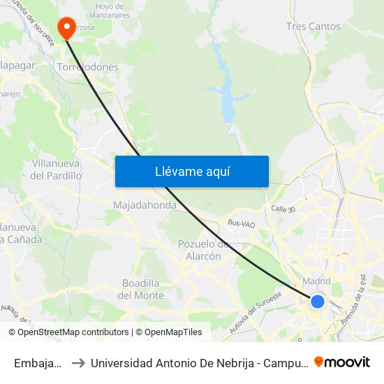 Embajadores to Universidad Antonio De Nebrija - Campus De La Berzosa map