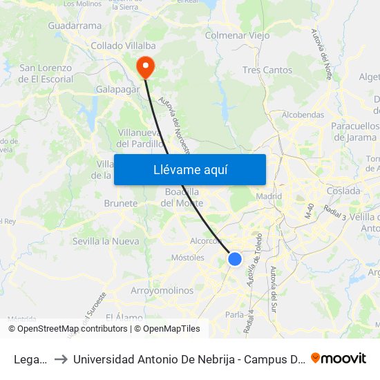 Leganés to Universidad Antonio De Nebrija - Campus De La Berzosa map