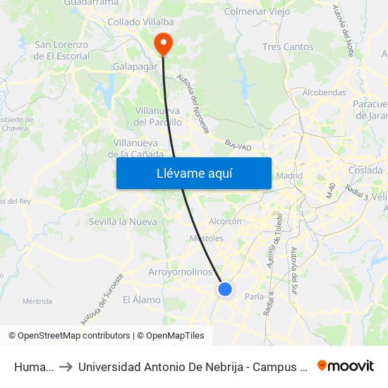 Humanes to Universidad Antonio De Nebrija - Campus De La Berzosa map