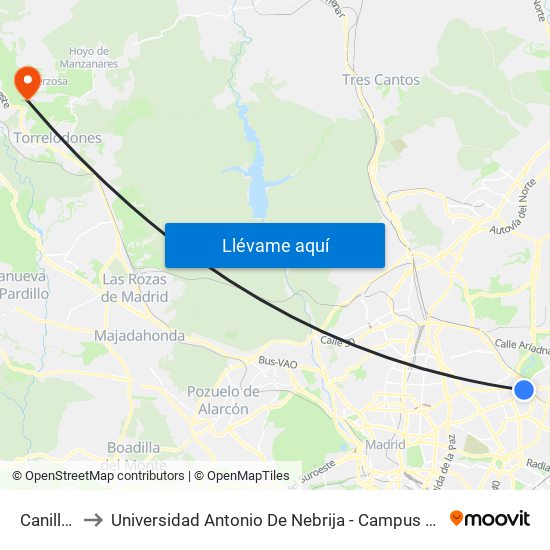 Canillejas to Universidad Antonio De Nebrija - Campus De La Berzosa map