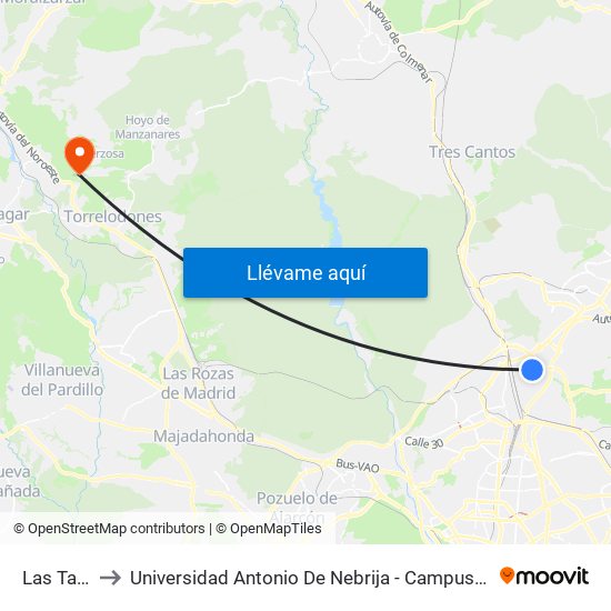 Las Tablas to Universidad Antonio De Nebrija - Campus De La Berzosa map