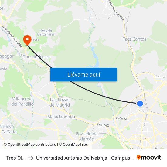 Tres Olivos to Universidad Antonio De Nebrija - Campus De La Berzosa map