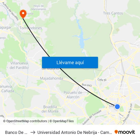 Banco De España to Universidad Antonio De Nebrija - Campus De La Berzosa map