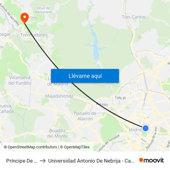 Príncipe De Vergara to Universidad Antonio De Nebrija - Campus De La Berzosa map