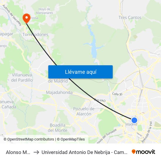 Alonso Martínez to Universidad Antonio De Nebrija - Campus De La Berzosa map