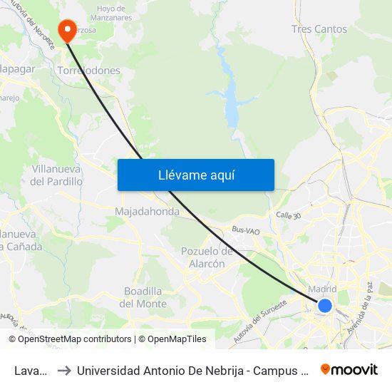 Lavapiés to Universidad Antonio De Nebrija - Campus De La Berzosa map
