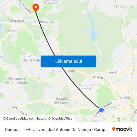 Campamento to Universidad Antonio De Nebrija - Campus De La Berzosa map