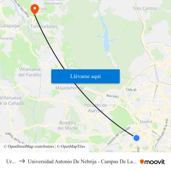 Urgel to Universidad Antonio De Nebrija - Campus De La Berzosa map