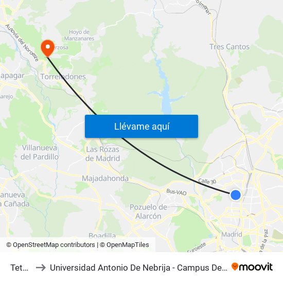 Tetuán to Universidad Antonio De Nebrija - Campus De La Berzosa map