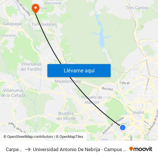 Carpetana to Universidad Antonio De Nebrija - Campus De La Berzosa map