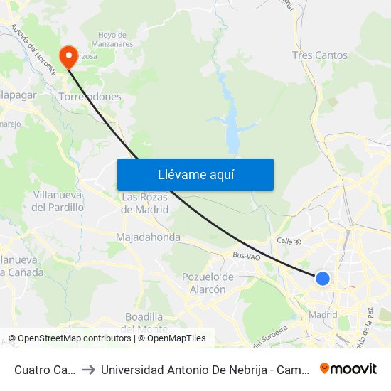 Cuatro Caminos to Universidad Antonio De Nebrija - Campus De La Berzosa map