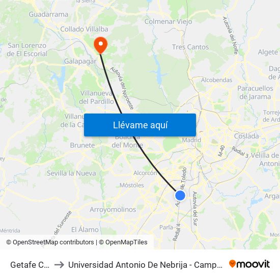 Getafe Central to Universidad Antonio De Nebrija - Campus De La Berzosa map