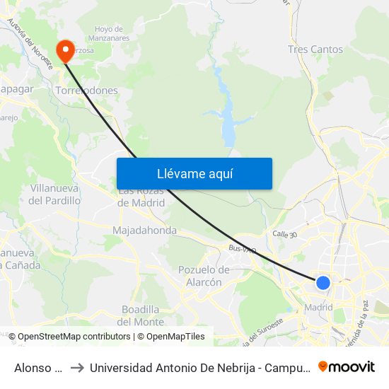 Alonso Cano to Universidad Antonio De Nebrija - Campus De La Berzosa map