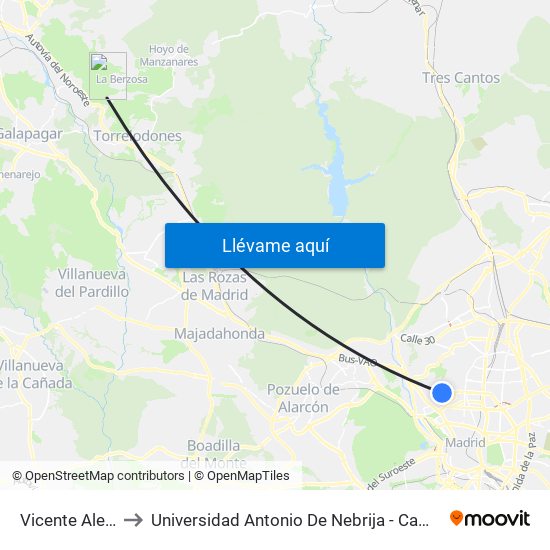 Vicente Aleixandre to Universidad Antonio De Nebrija - Campus De La Berzosa map