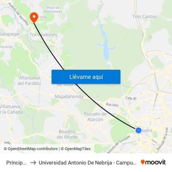 Príncipe Pío to Universidad Antonio De Nebrija - Campus De La Berzosa map