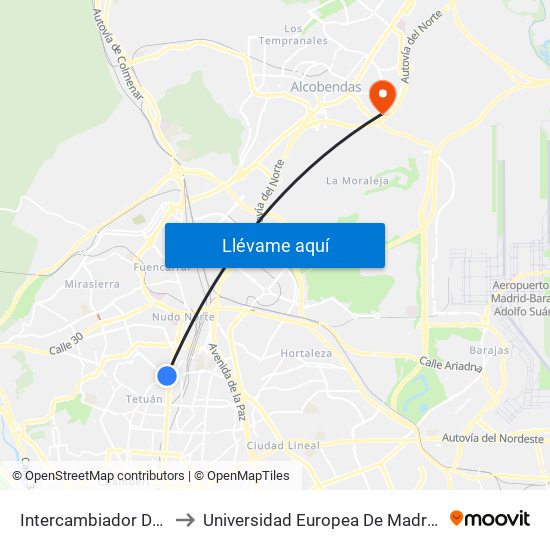Intercambiador De Plaza De Castilla to Universidad Europea De Madrid (Campus De Alcobendas) map